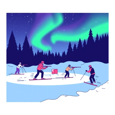 A nighttime biathlon race is taking place under bright floodlights illuminating the snowy landscape. Several athletes in colorful winter gear are in the midst of the race, some skiing swiftly while others are preparing to shoot at targets. The snow glistens under the floodlights, creating a stark contrast against the dark night sky. Above, the Northern Lights are swirling in vibrant hues of green and purple, casting a magical glow over the scene. The silhouettes of tall evergreen trees frame the background, enhancing the wintery atmosphere of the race.