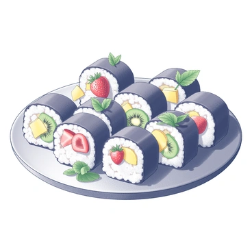 A round plate filled with sushi rolls. Each roll is composed of KitKat bars, arranged neatly. The sushi is topped with an assortment of colorful fruit slices, including strawberries, kiwis, and mangoes, delicately placed on each piece. The plate is garnished with a few mint leaves, adding a fresh touch to the presentation. The overall arrangement is visually appealing, showcasing the unique combination of ingredients.