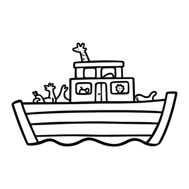 A large wooden boat, resembling "Noah's Ark," floats gently on a calm ocean, with a smooth surface reflecting its structure. The ark features multiple windows on each side, with various animals peeking out, including "a giraffe stretching its neck," "a lion lying comfortably," and "a pair of wide-eyed rabbits." The scene includes soft waves lapping against the hull of the boat, creating a sense of tranquility in the vast ocean.