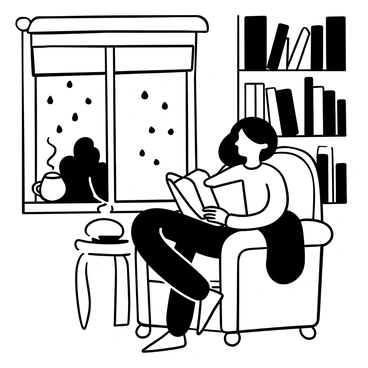 A person sitting comfortably in an armchair, absorbed in a book. The armchair is positioned near a window, where rain is gently tapping against the glass. There is a small side table beside the chair, holding a steaming cup of tea. Shelves filled with books fill the background, creating a cozy indoor atmosphere. A soft blanket is draped over the armrest of the chair. The light from a nearby lamp softly illuminates the scene.