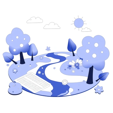 A 3D illustration features a lush natural landscape with elements of digital design integrated seamlessly. There are trees with stylized leaves that resemble vector graphics and a flowing river that reflects geometric shapes. In the foreground, a large rock is textured to resemble a design grid, while flowers bloom in patterns akin to interface icons. The sky above is dotted with cloud formations shaped like UI elements, and a sun sits in the corner, designed to look like a logo. Small animals are positioned around the scene, interacting with the design elements in a harmonious manner.
