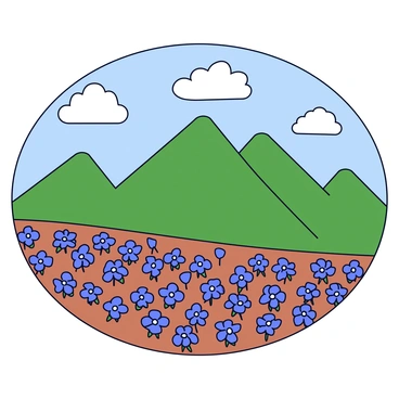 A wide mountain vista with towering peaks covered in green foliage. In the foreground, there is a dense carpet of blue flowers spreading across the ground. The flowers are small and delicate, creating a vibrant contrast against the earthy tones of the soil. The sky above is clear with a few fluffy white clouds scattered throughout.