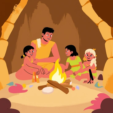 An early human family gathered in a cave around a warm fire