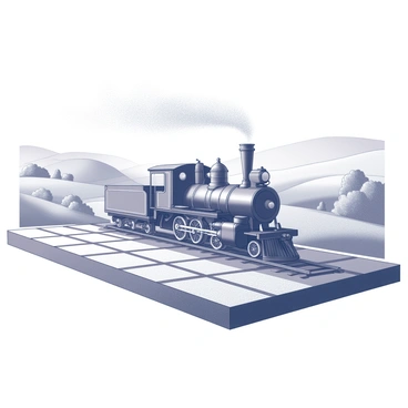 A vintage steam train is moving along a railway track that is situated on an 8x8 grid board. The train has a large, round front smokestack that emits puffs of smoke into the air. The locomotive is adorned with intricate details, including a shiny bell and large wheels. Surrounding the train, the countryside features rolling hills, dotted with trees and patches of grass. The 8x8 board is composed of alternating squares, creating a clear division of space. The train travels along the track, which is marked distinctly on the board, showcasing a blend of the train and the geometric pattern of the grid.
