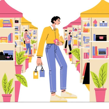 A consumer with short brown hair is walking through a bustling antique market. The market is filled with numerous stalls displaying various vintage treasures. Each stall showcases an array of colorful items, including ornate vases, classic typewriters, and old-fashioned jewelry boxes. The consumer is holding a small decorative item, looking curiously at a stack of retro books nearby. In the background, there are other shoppers examining different antiques. The atmosphere is lively with hints of greenery from potted plants placed around the market.