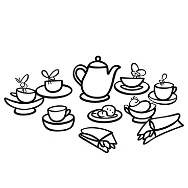 A table elegantly set for a tea party, featuring delicate teacups and saucers arranged neatly. Each teacup is adorned with intricate patterns. Several butterflies are perched gracefully on the teacups and saucers, their wings elegantly spread. A teapot sits at the center of the table, surrounded by an assortment of small plates filled with pastries. Elegant napkins are folded beside each cup, enhancing the refined atmosphere of the setting.
