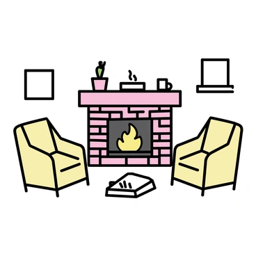 An isometric room featuring a “warm and inviting fireplace” in the center. The fireplace is built of red bricks with a flickering orange flame. Surrounding the fireplace are “comfortable armchairs” in a soft beige fabric, positioned to create a cozy seating area. On the mantelpiece above the fireplace, there are “decorative items” such as small potted plants and picture frames. The walls of the room are adorned with “simple wall art,” and there is a “small wooden coffee table” in front of the armchairs, topped with a stack of books and a steaming mug.