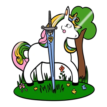 A unicorn with a shiny white coat and a spiraled golden horn stands protectively over a shimmering sword embedded in the ground. The unicorn has a flowing mane that appears to be a blend of pastel colors, cascading over its neck. Its large, expressive eyes convey a sense of guardianship. The magical glade features lush green grass and vibrant wildflowers surrounding the unicorn. Soft beams of light filter through the trees above, adding a mystical glow to the scene. The sword has intricate designs on its hilt, and its blade sparkles as if enchanted.