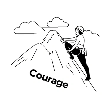 A person climbing a mountain labeled 'Courage' with determination