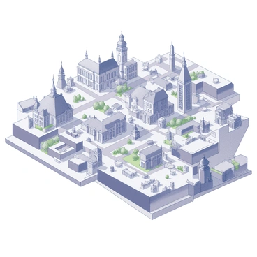 A detailed tourist map featuring various landmarks and attractions within a city. The map includes prominent buildings, historical sites, and parks. Each landmark is marked with an icon, and the streets are clearly outlined. The map displays points of interest such as museums, restaurants, and public transport stations. Various pathways and routes are illustrated, guiding visitors through the city.