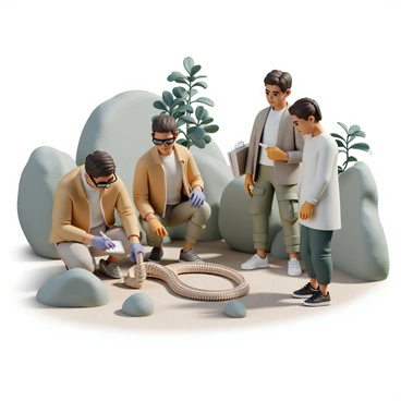 A group of paleontologists, two men and one woman, are carefully examining a snake skeleton partially embedded in the ground among large, jagged rocks. The men are wearing khaki jackets, gloves, and safety goggles, while the woman is wearing a long-sleeve shirt and cargo pants. One paleontologist is gently brushing away dirt with a small brush, revealing the delicate vertebrae of the skeleton, while another takes notes on a clipboard. The third is pointing to a section of the skeleton, discussing it with the others. The rocks surrounding them are rugged and uneven, creating a natural archaeological site. Sunlight filters through the trees above, illuminating the scene.