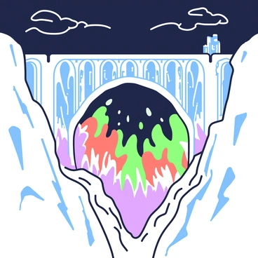 A bridge made of ice, contrasting with the fiery flames consuming its arches