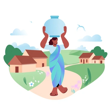 An Indian woman is walking along a village path. She is carrying a large, round water pot balanced elegantly on her head. The woman is dressed in a vibrant, colorful sari that flows gently with her movement. Surrounding her are traditional mud houses with thatched roofs, and lush green fields are visible in the background. The path is lined with small plants and flowers, adding to the peaceful atmosphere of the village. A few birds can be seen flying in the clear sky above.