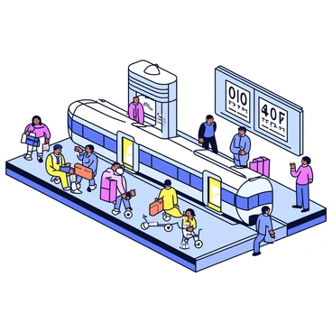 A flat-3D train station filled with passengers. Some passengers are boarding a train with blue and white carriages, while others are disembarking from another train. There are people waiting on benches, looking at a digital timetable displaying train schedules. Luggage carts are scattered around, and a small kiosk selling snacks and drinks can be seen on one side. The platform is covered with tiles in a simple geometric pattern.
