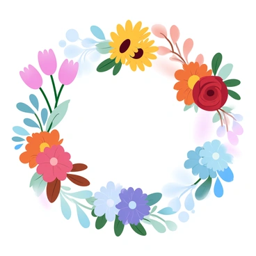 A vibrant arrangement of flowers is displayed, showcasing a distinct variety for each season. In the center, bright pink tulips and daffodils symbolize spring, surrounded by light green leaves. Moving outward, summer is represented by bold sunflowers and lush red roses, their petals glowing in the sunlight. Autumn features rich orange chrysanthemums and deep purple asters, arranged with fallen leaves in warm hues. Finally, winter is depicted with soft white snowdrops and blue hyacinths, creating a contrasting chill among the other flowers. Each cluster is separated by gentle gradients of pastel colors, flowing seamlessly from one season to the next.
