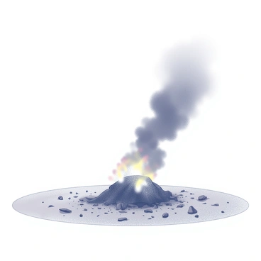 A wide, open field with scattered debris covering the ground. In the center, there is a large pile of waste material that is actively burning. Flames are visible licking upwards from the pile, and thick, dark smoke billows out, rising into the air and forming a cloud overhead. The smoke is dense and obscures the sky, creating a stark contrast with the clarity of the field around it. The ground is uneven with patches of scorched earth near the burning waste, and the air appears hazy due to the smoke rising.