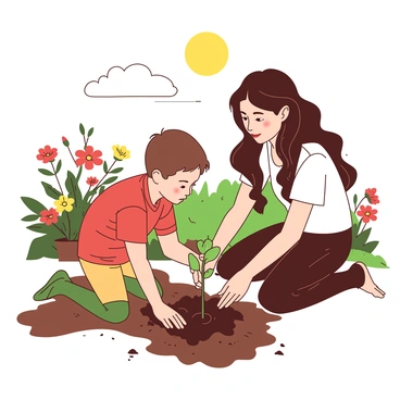 A young child with short brown hair is kneeling on the ground, holding a small green sapling. The child is focused and determined, digging a small hole in the rich brown soil of a garden. Beside the child, a tall parent with long dark hair is gently guiding the child's hands, providing assistance in planting the sapling. Surrounding them are various colorful flowers blooming in shades of red and yellow, creating a vibrant atmosphere. A bright sun shines overhead, casting warm light on the scene, enhancing the feelings of growth and care.