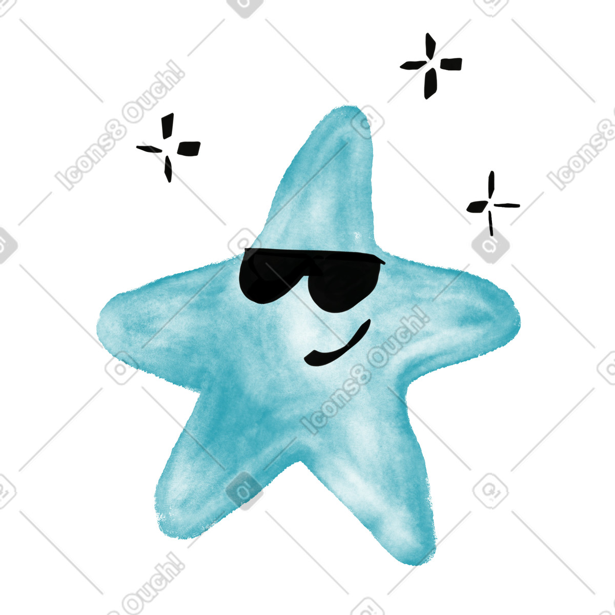 Watercolor sketch 스타일의 Star wearing sunglasses smiling with sparkles around playful character 일러스트레이션 PNG, SVG 다운로드