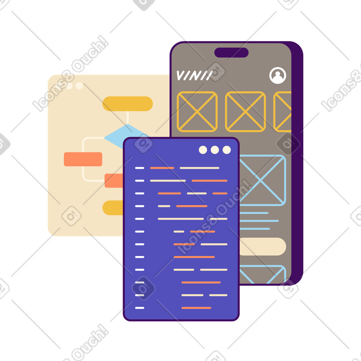Code with flowchart and UI mockup, Software engineering for mobile app illustration in Simplistic style download in PNG, SVG
