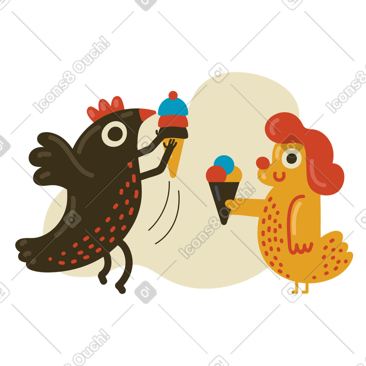 Creature stravaganti che mangiano coni gelato illustrazione in stile Arabica scarica in PNG, SVG