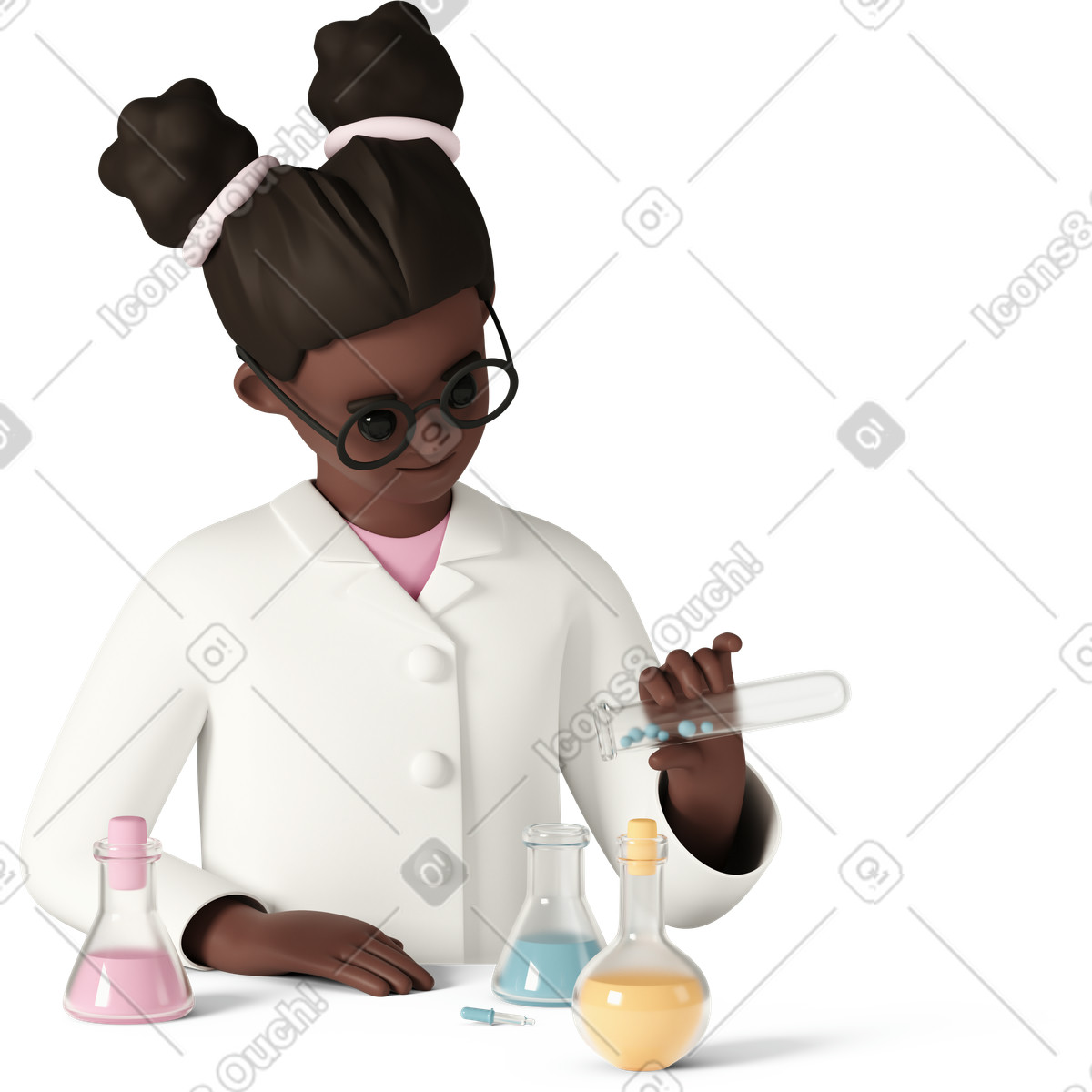 Young schoolgirl in lab coat doing science experiments illustration 3D Casual life style download PNG, SVG