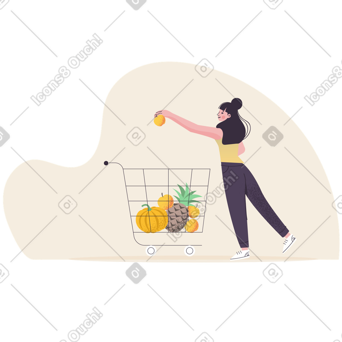 Иллюстрация Женщина кладет продукты в тележку для покупок стиле Pale — скачать форматах PNG, SVG