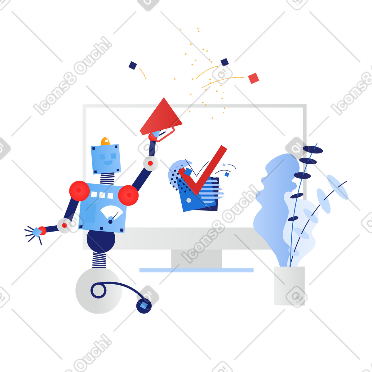 Robot celebrating task completion in front of computer screen, Goal achievement or project done illustrazione stile Clip scarica PNG, SVG