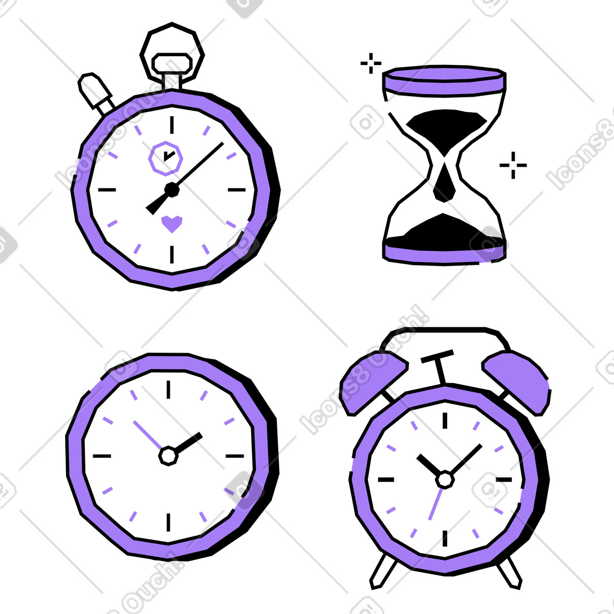Ilustração de Coleção diferentes tipos relógios em no estilo Amethyst para baixar em PNG, SVG