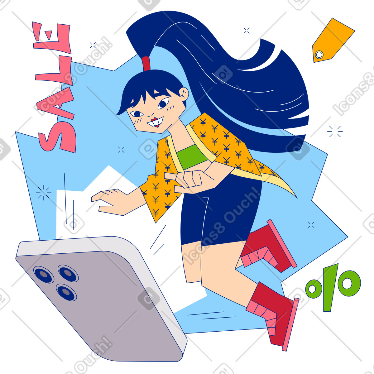 Junge frau beim online-shopping im ausverkauf animierte Illustration Neo-Sakura-Stil als Download in GIF, Lottie (JSON), AE