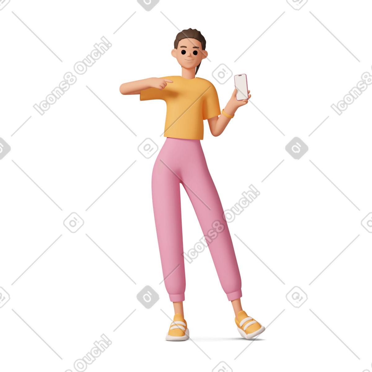 Young woman standing and pointing at her phone illustration in 3D Casual life style download in PNG, SVG