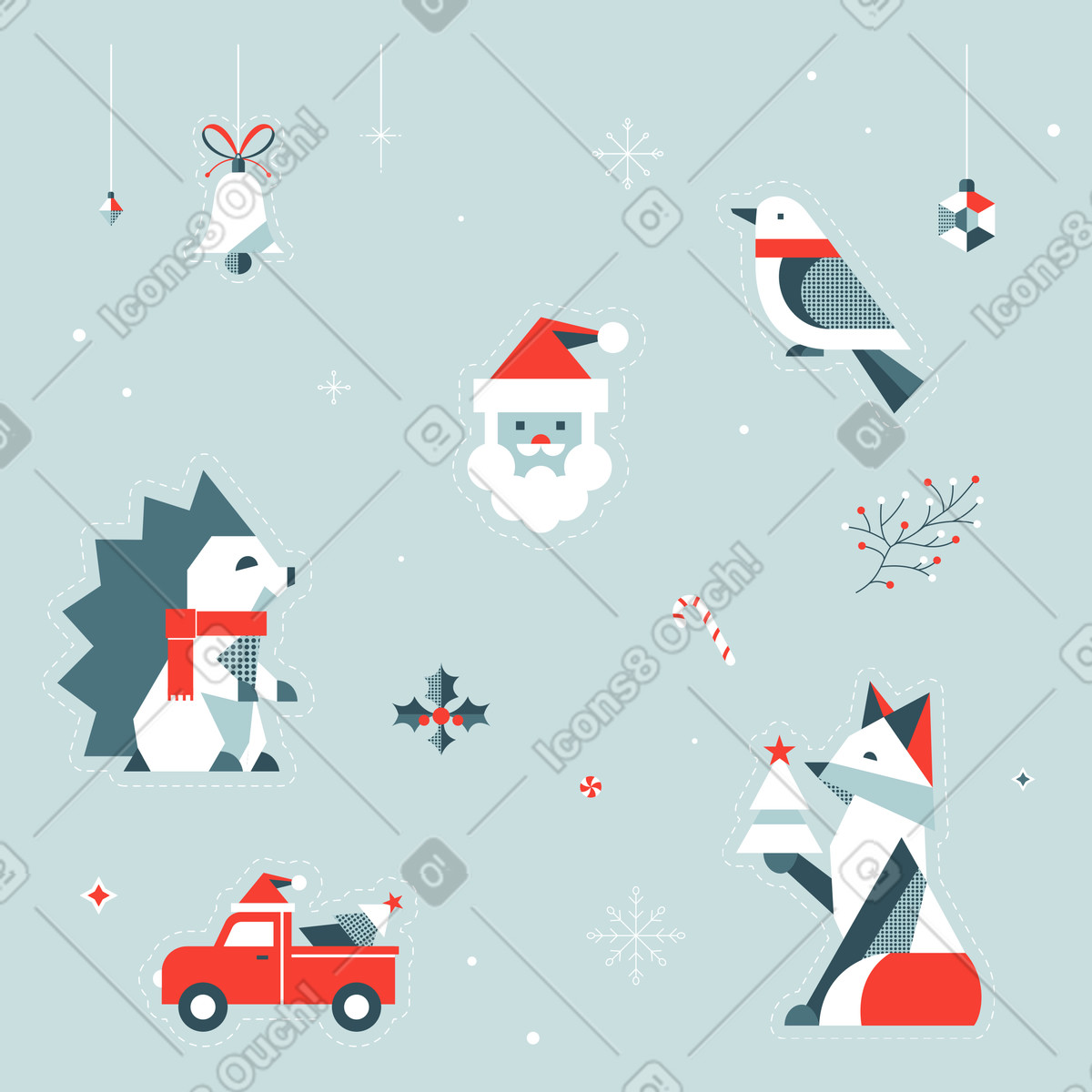Stickerpaket mit weihnachtsmann, fuchs und igel-Illustration im Nordic-Stil als Download in PNG, SVG