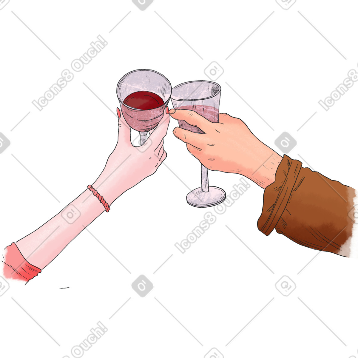 Man's and a woman's hand with glasses of wine illustrazione in stile Moments scarica in PNG, SVG