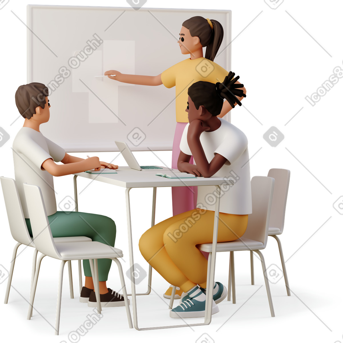 3D Casual life 스타일의 Group of three people discussing project 일러스트레이션 PNG, SVG 다운로드