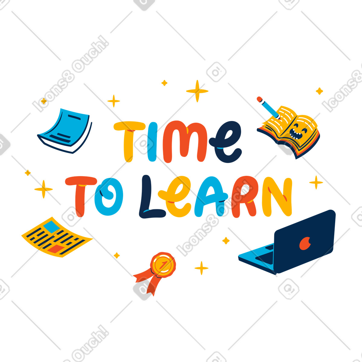Time to learn lettering with flying books and a laptop illustration in Flame style download in PNG, SVG