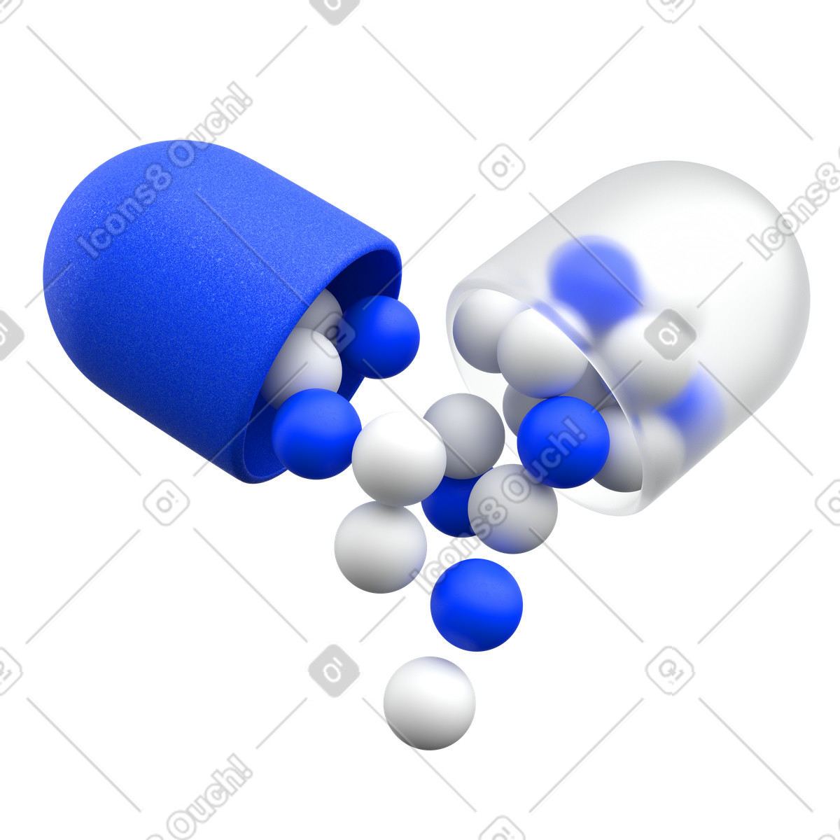 Ilustración Concepto de píldora para la salud, cápsula azul con gránulos, farmacia médica en estilo 3D Enterprise a descargar en PNG y SVG