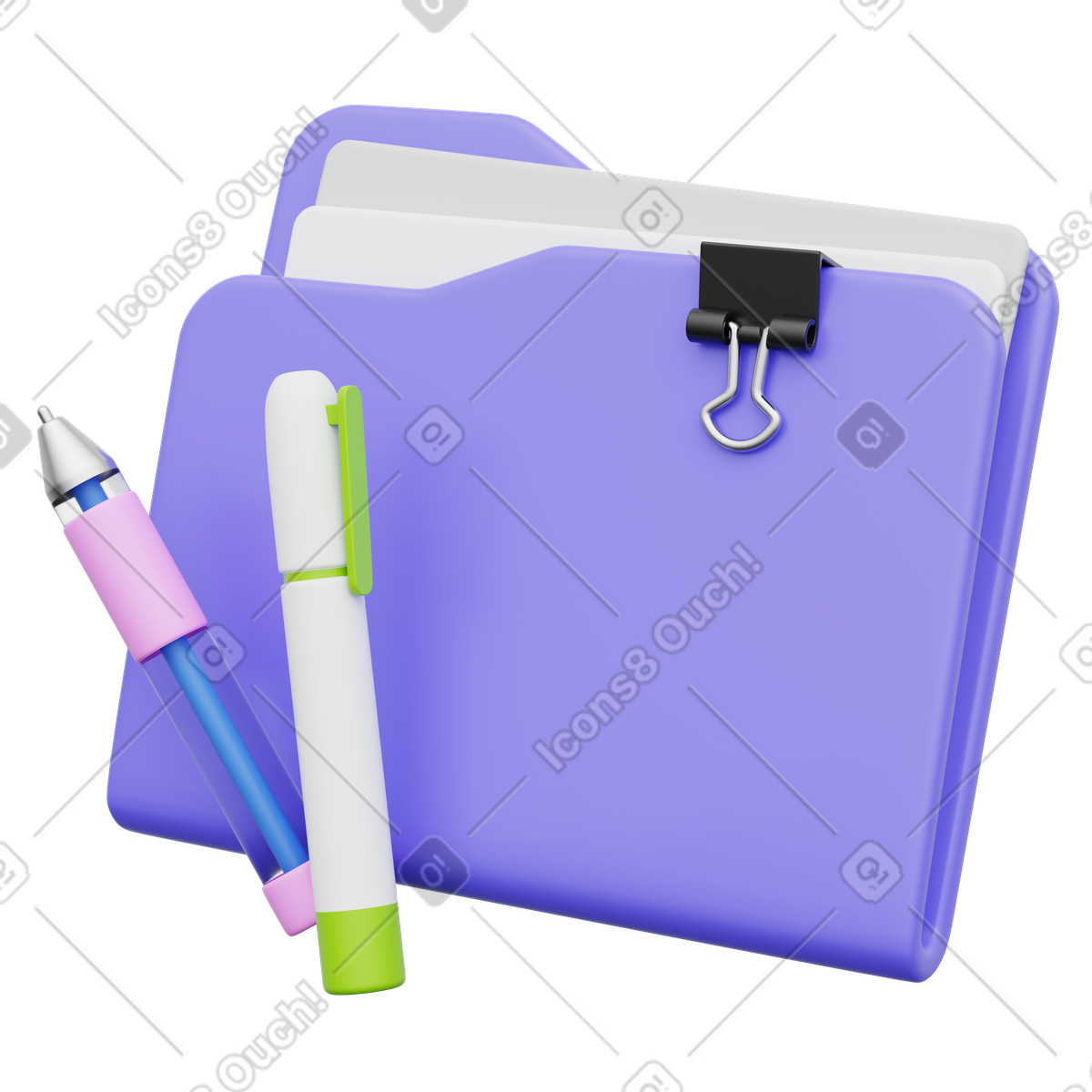 下载 3D Playful 风格的 Folder document management concept with pens and binder clip organization 插画，支持 PNG、SVG 格式
