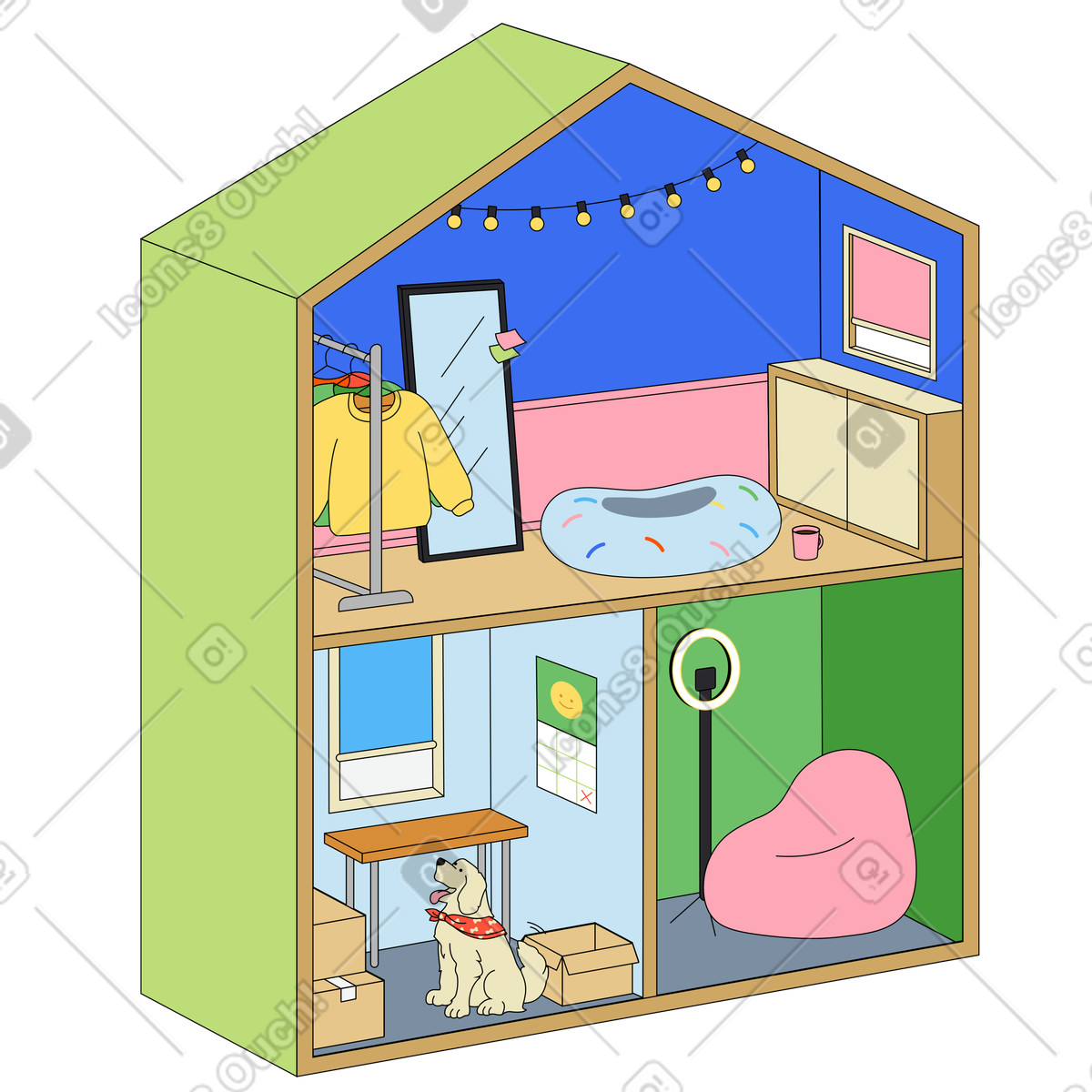 Casa delle bambole in miniatura con diverse stanze illustrazione stile Kindy scarica PNG, SVG