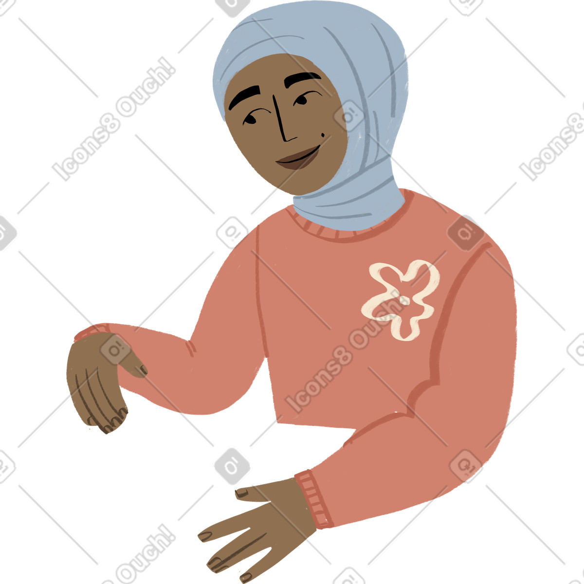 Illustration Girl in hijab looking down and holding something her hands dans le style Lumiere à télécharger aux formats PNG, SVG