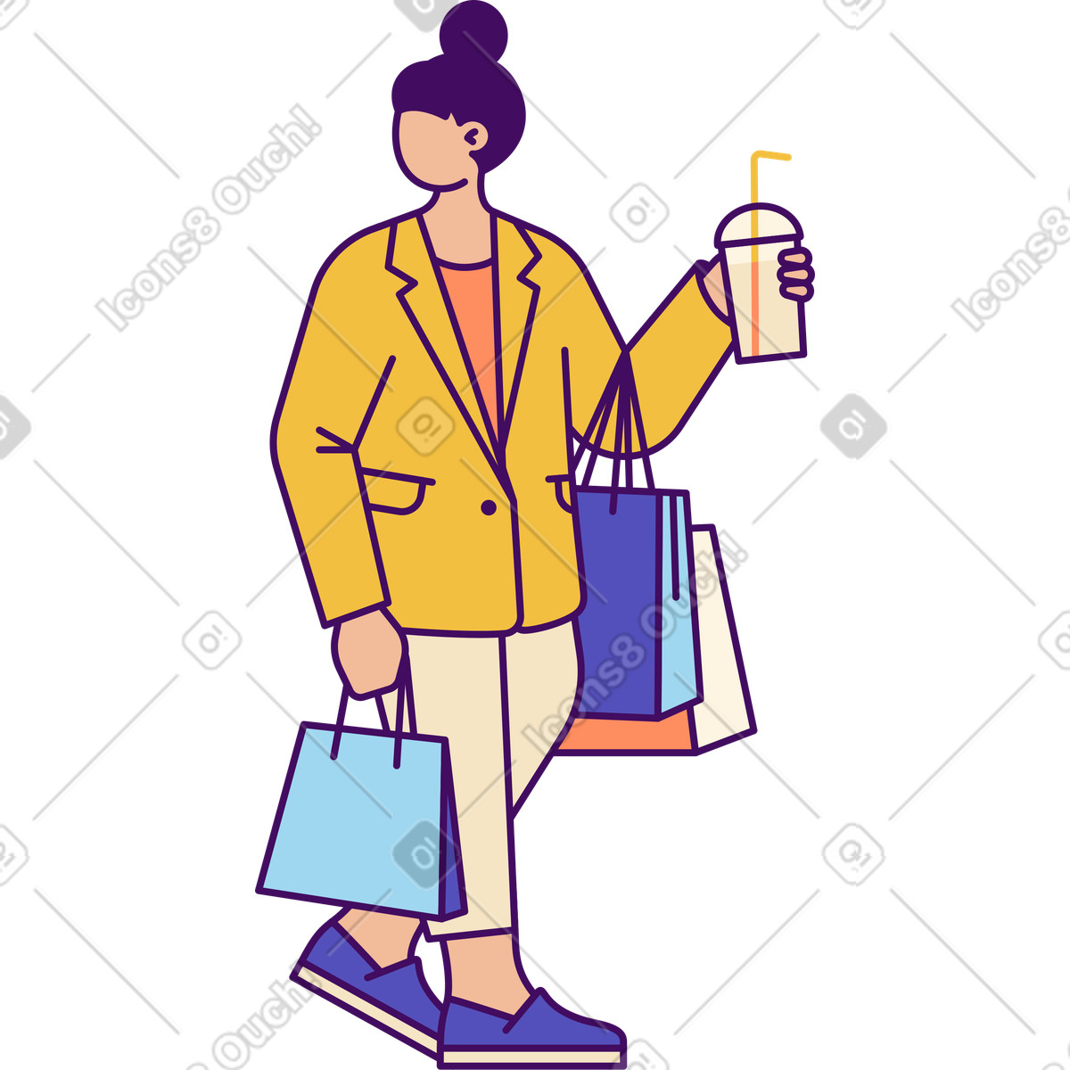 Illustration Dame avec sacs et boisson dans le style Simplistic à télécharger aux formats PNG, SVG