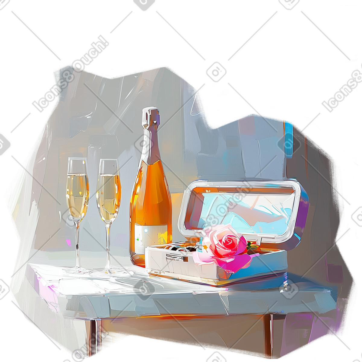 Ölgemälde von einem champagner und gläser mit einer schachtel pralinen-Illustration im Pictorial-Stil als Download in PNG, SVG