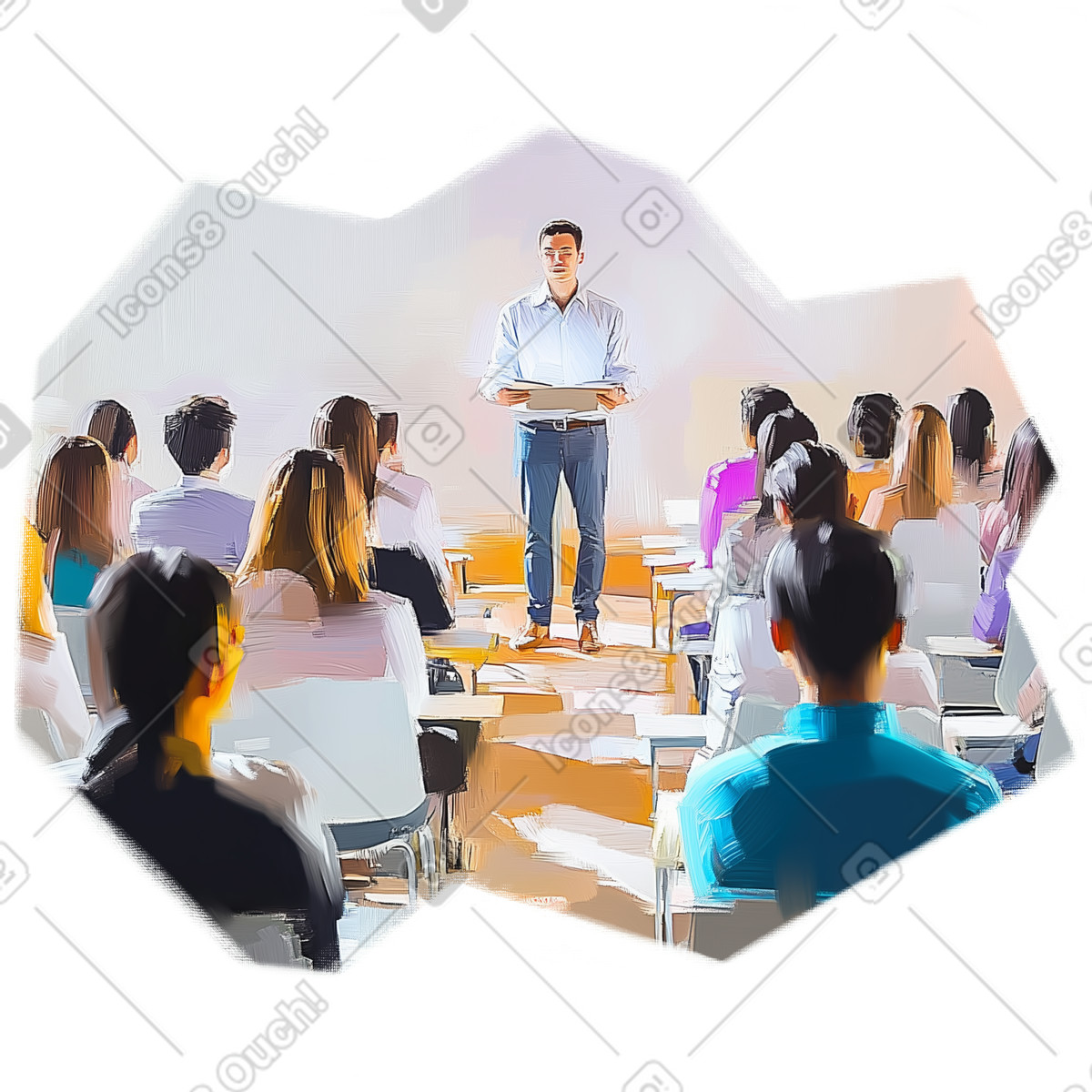 Oil painting illustration of students listening to a lecturer university clipart vector images