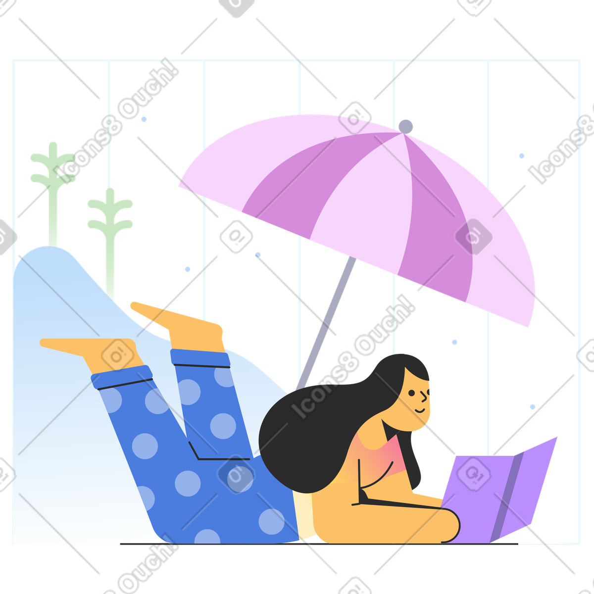 Marginalia 스타일의 Girl reading a book under an umbrella 일러스트레이션 PNG, SVG 다운로드