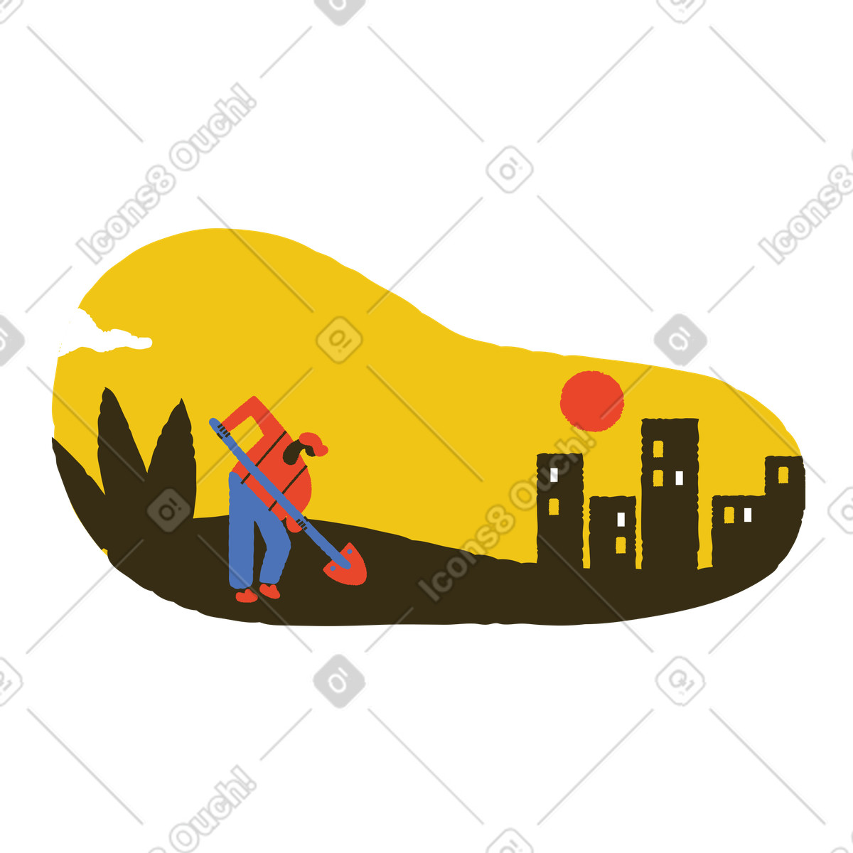 Ilustración Agricultor con pala cultivando tierra en estilo Bermuda a descargar en PNG y SVG