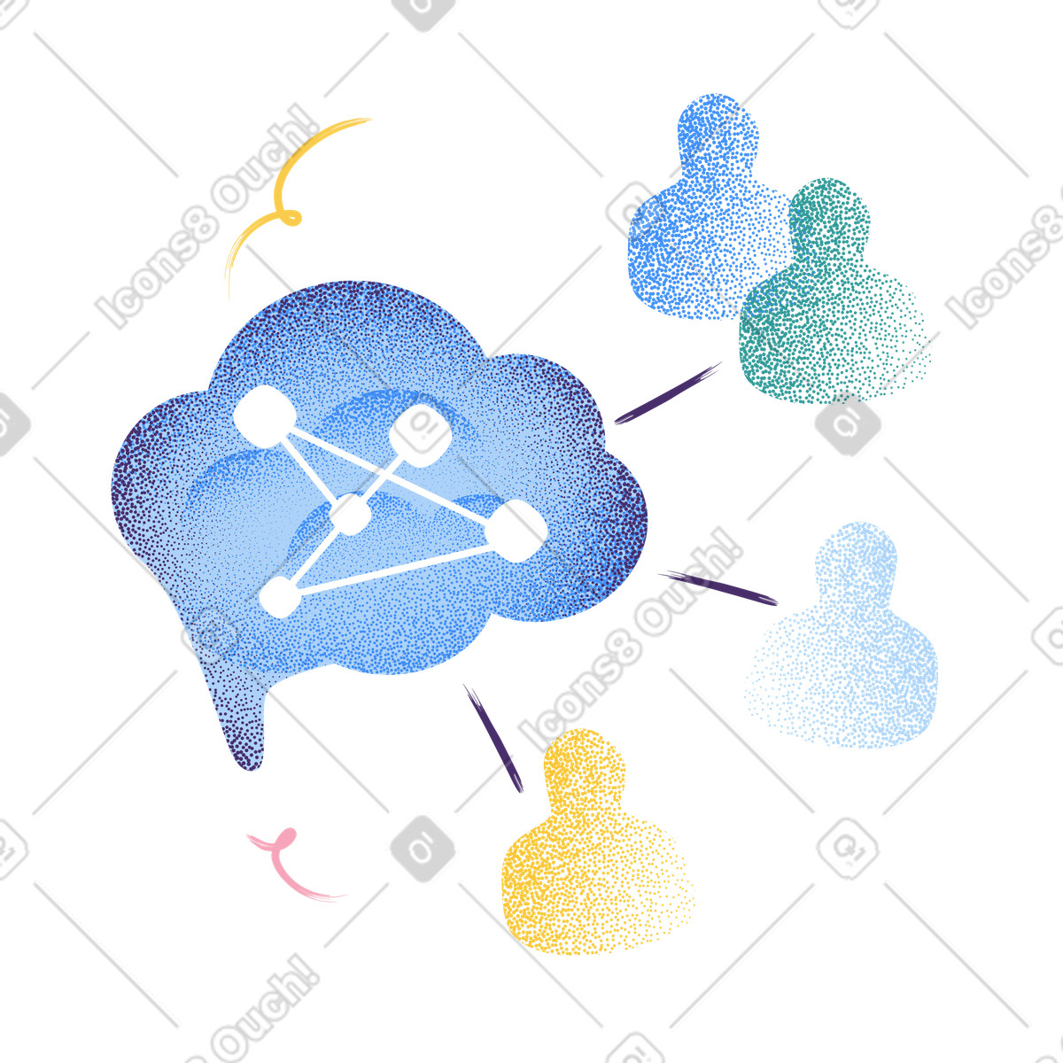 Иллюстрация Collaboration network sharing artificial intelligence knowledge among diverse team members в стиле Grain — скачать в форматах PNG, SVG