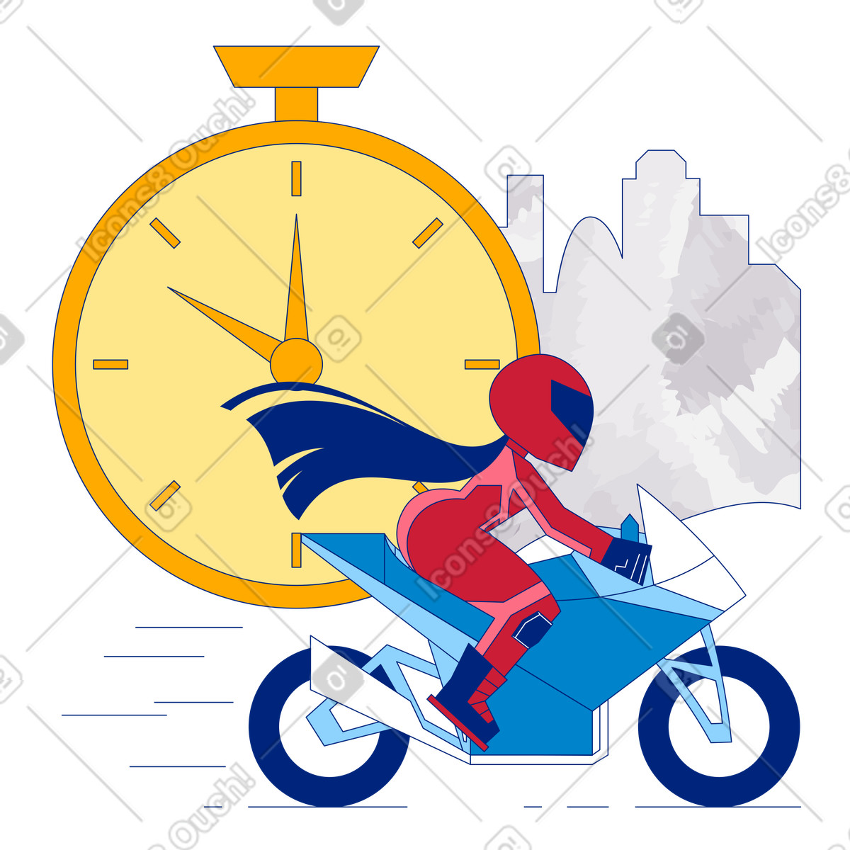 Neo-Sakura スタイルの Motorbike racer in city, Quick response and instant action, Coming soon のイラストをPNG、SVG形式でダウンロード