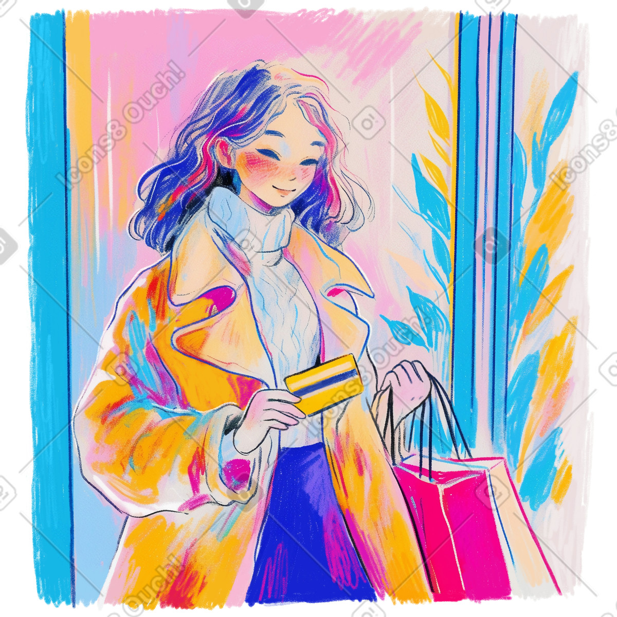 Illustration Femme tenant des sacs de courses et une carte bancaire dans le style Fuchsia à télécharger aux formats PNG, SVG