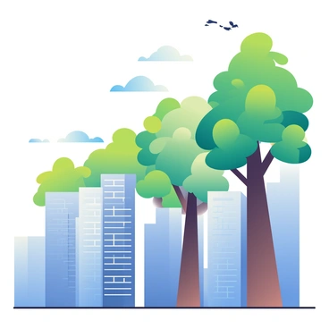 A row of sleek skyscrapers is lined up against the skyline, their glass facades reflecting the sunlight. As the viewer's gaze moves upward, the buildings begin to morph into towering trees. The tops of the skyscrapers are lush with green foliage, transitioning seamlessly into thick tree trunks that rise majestically. The lower sections of the buildings maintain their modern architecture, while the upper parts are enveloped in vibrant leaves of various shades of green. The scene showcases a harmonious blend of urban and natural elements, with birds flying in the blue sky above.