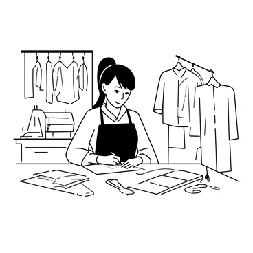 A woman seated at a large wooden table in a clothing design studio. She has long hair pulled back into a bun and is wearing an apron over a blouse. Surrounding her are various fabric samples hanging from the walls and scattered across the table. Several sketches of clothing designs are laid out in front of her. She is focused, holding a pencil and sketching a new design on a notepad, with a sewing machine visible in the background. A pair of scissors and measuring tape are also on the tabletop.