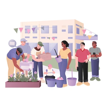 A group of five employees volunteering together at a community service event outside their office building. Two employees on the left are planting flowers in a garden bed; one has dark skin and is wearing a blue t-shirt and denim shorts, while the other has light skin, wearing a green cap, a white shirt, and khaki pants. In the center, another employee, a woman with medium skin and curly black hair, is distributing supplies and wearing a yellow t-shirt with blue jeans. To the right, a man with dark skin is lifting a box of donations, dressed in a red polo shirt and navy pants. Another employee, with light skin and short brown hair, is taking photographs of the event, holding a camera and wearing a grey t-shirt and black shorts. Colorful banners and cheerful decorations are visible in the background, creating a lively atmosphere.