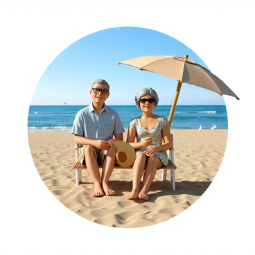 An elderly couple sitting on a sandy beach under a clear blue sky. The man has gray hair and is wearing a light blue button-up shirt with beige shorts. He is holding a wide-brimmed straw hat in his lap. The woman has short, curly white hair and is wearing a colorful floral sundress, with a pair of sunglasses resting on her head. They are both smiling, enjoying the warm sun, while a beach umbrella stands beside them. In the background, there are gentle waves lapping at the shore, and a few seagulls flying in the distance.